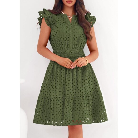 Women's Army Green V Neck Eyelet Cap Sleeve Summer Beach Vacation Sundresses - Picture 2 of 8
